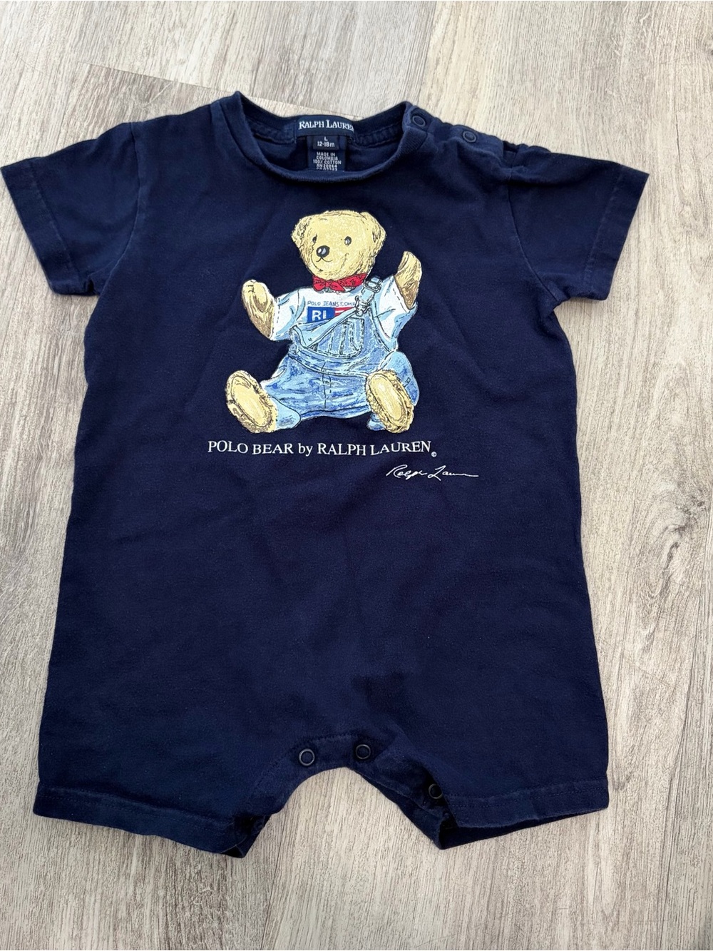Ralph Lauren Polo Bear Shirt Toddler 12-18 Navy Blue Teddy Bear One Piece Romper